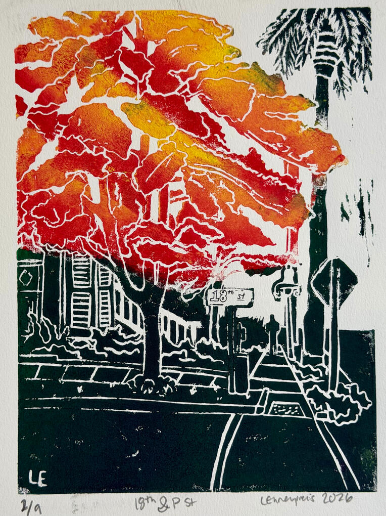 18th & P St - Linocut print by Elizabeth Ehrenpreis 18th & P St - Linocut print by Elizabeth Ehrenpreis