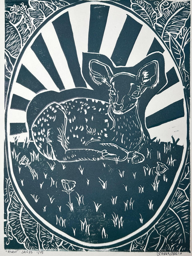 Anew - Linocut Print by Elizabeth Ehrenpreis hand-cut linocut print of a fawn baby dear surrounded by grass and framed by an oval over broad leaves